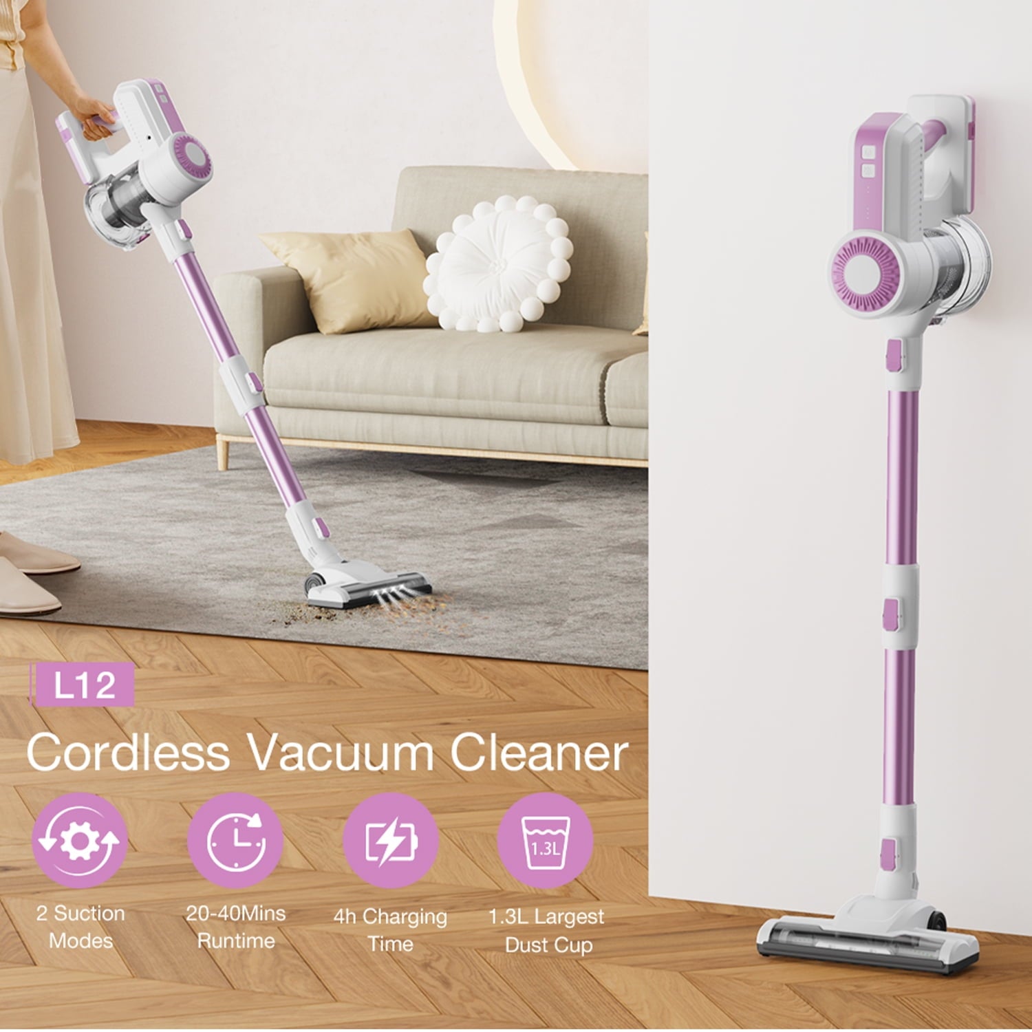 MOOSOO Stick Vacuum Cleaner, 6-in-1 Lightweight Cordless Vacuum for Hard Floor Carpet Pet Hair, L12 Pink