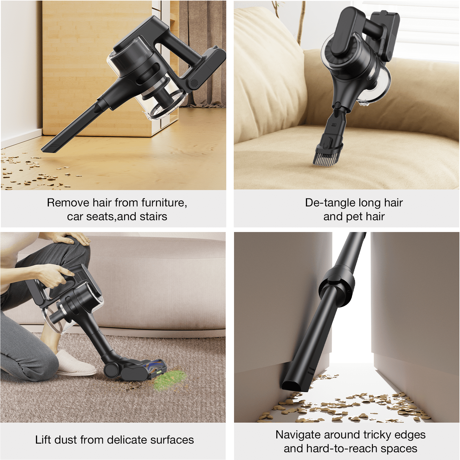 MOOSOO Cordless Vacuum Cleaner, 4-in-1 Lightweight Stick Vacuum 60 Mins Runtime for Pet Hair, Hard Floor & Carpet, Black